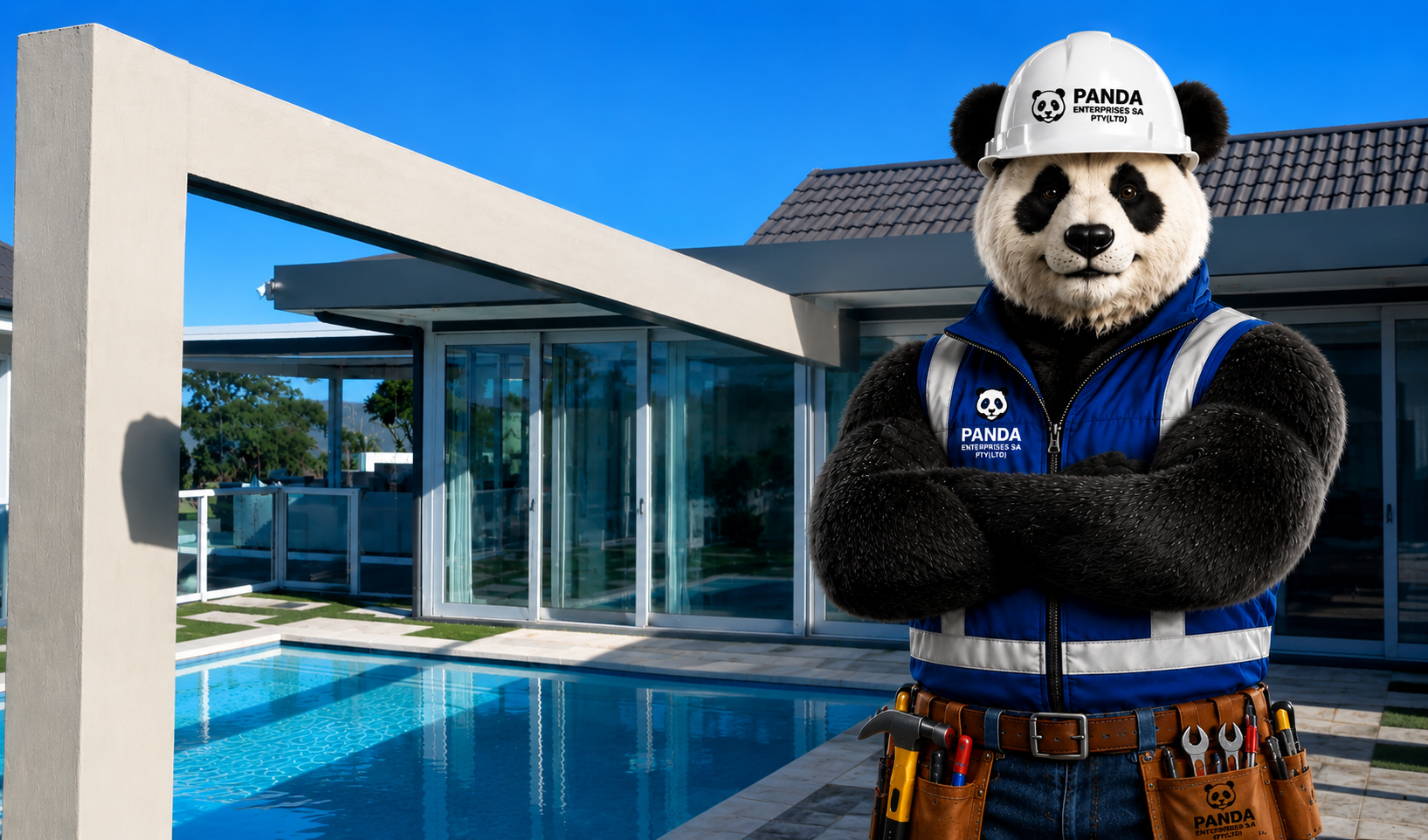 Panda Enterprises SA mascot in branded vest and hard hat by a poolside build