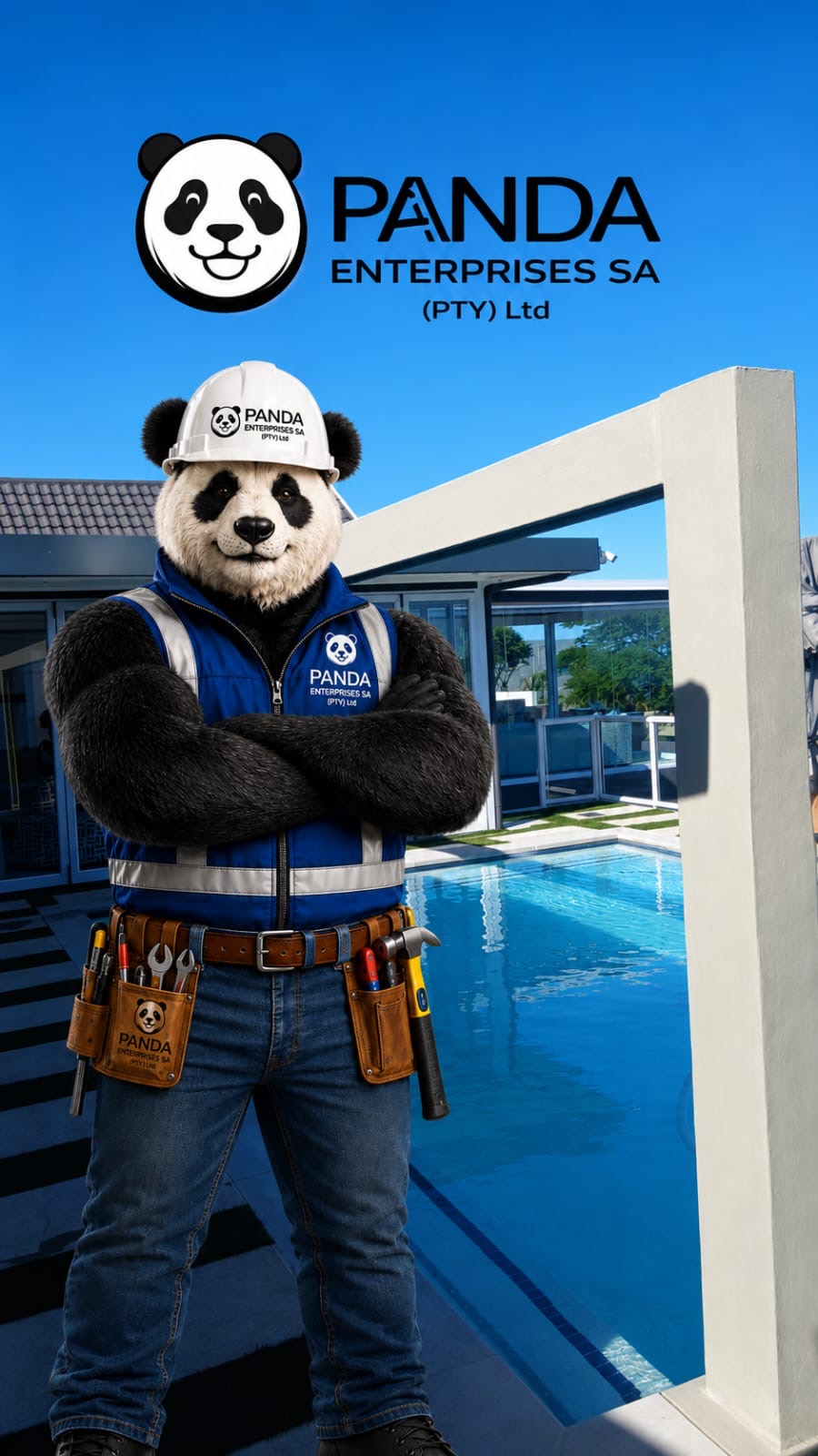 Panda Enterprises SA mascot in branded vest and hard hat by a poolside build